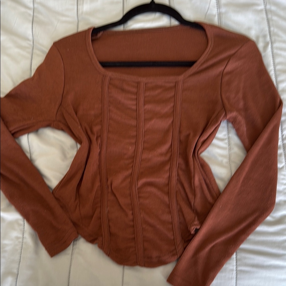 Rust Long Sleeve Ribbed Top